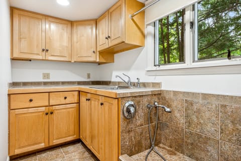 Combined shower/tub, hair dryer, towels