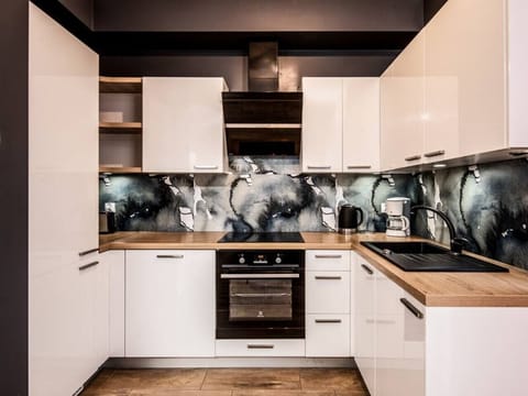 Fully equipped kitchen in a luxury apartment – cook with a seaside view.