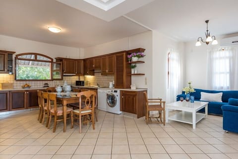 Find comfort in a spacious culinary sanctuary boasting an open layout with inviting sofas. The fully equipped kitchen and large dining table are bathed in daylight, creating an atmosphere perfect for shared moments.