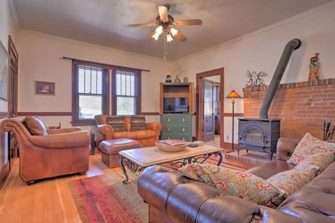 TV, fireplace, books