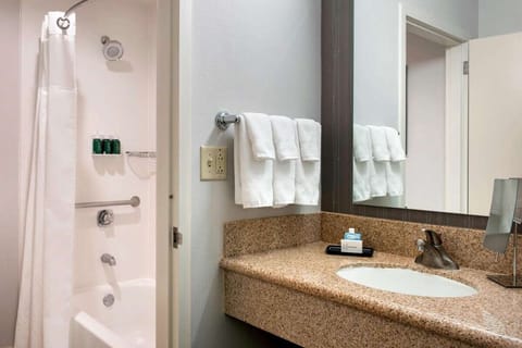 Combined shower/tub, hair dryer, towels