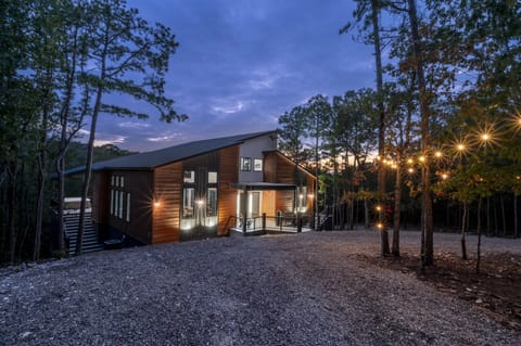 Front view of cabin at Night