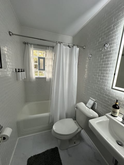 Combined shower/tub, hair dryer, towels, soap