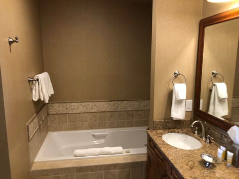 Combined shower/tub, jetted tub, hair dryer, towels