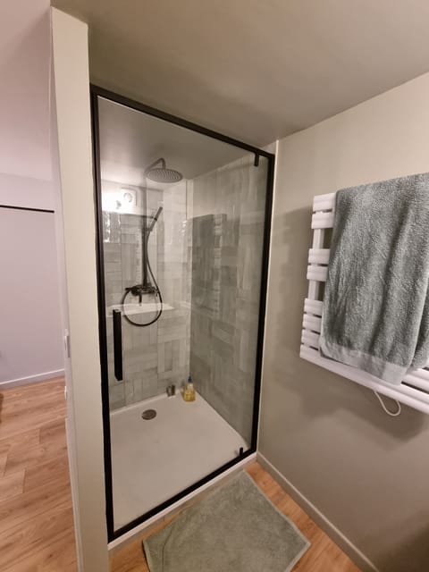 Combined shower/tub, hair dryer, towels, soap