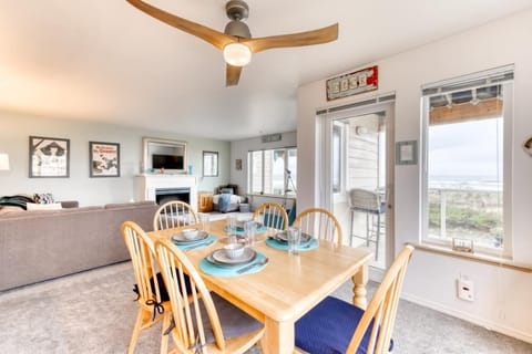 Dining table accommodates six.