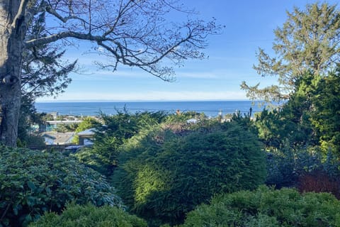 Ocean and forest views from the house with deck and short walk to downtown Yachats.