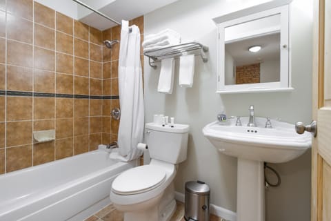 Combined shower/tub, hair dryer, towels