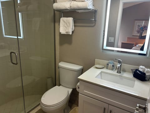 Jetted tub, hair dryer, towels, soap