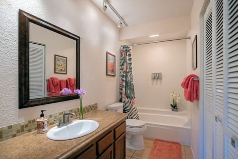 Combined shower/tub, hair dryer, towels