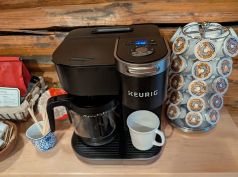 Drip coffee, K-cups, assort. teas, creamer and sugar all provided for you.