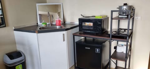 Fridge, microwave, stovetop, electric kettle