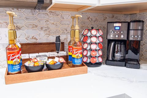 Coffee bar. We offer a starter kit of coffee (ground and pods), tea, creamer