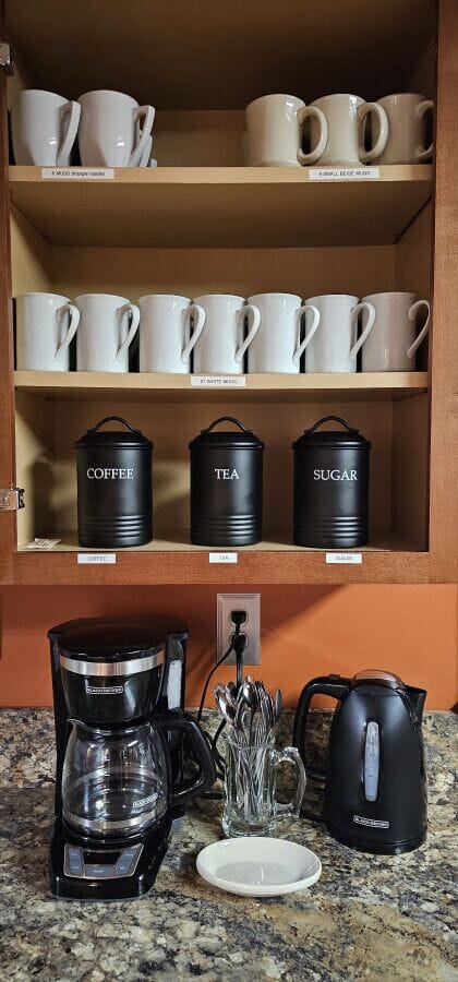 We provide a drip coffee maker, electric hot water kettle, coffee grounds, tea bags, and sugar packets so you can enjoy your favorite morning beverages. Mugs are fully stocked and ready for your stay at The Copper House.