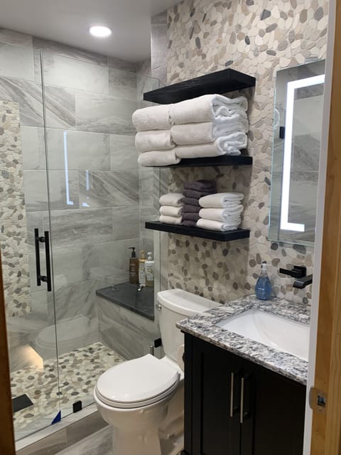 Combined shower/tub, towels, soap, shampoo