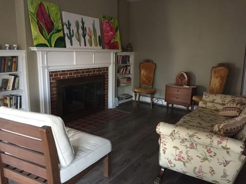 Fireplace, books