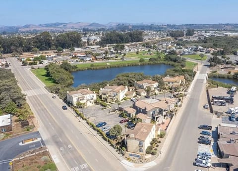 Breathtaking aerial view of the nearby park and peaceful pond, framed by the coastal breeze and laid-back beach vibe of the area.