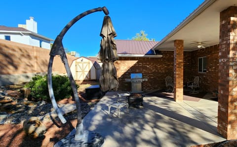 Backyard patio with a grill and fire pit
