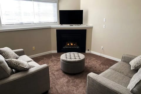 Downstairs living space with cozy gas fireplace 