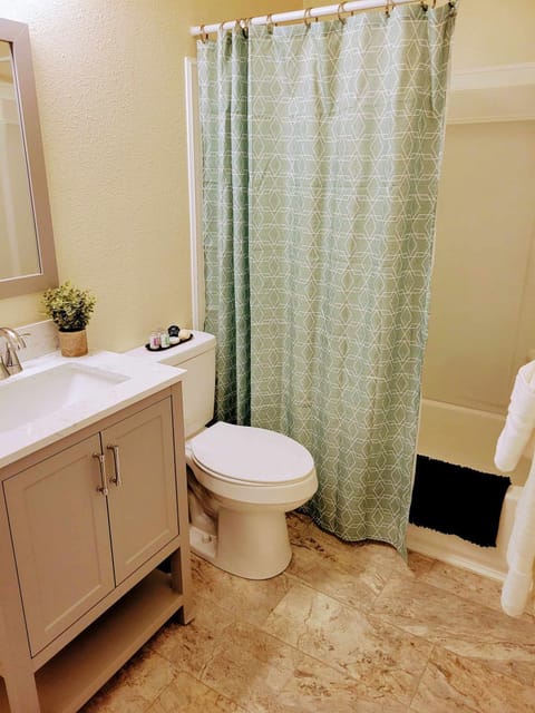 Combined shower/tub, hair dryer, towels, soap