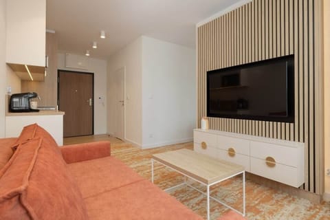 A living-dining area with a sofa, wall-mounted TV, and a modern kitchenette, blending comfort with functionality.