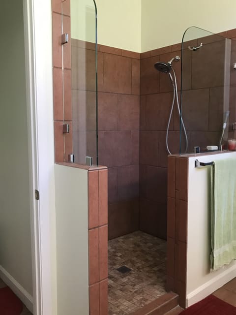 Combined shower/tub, hair dryer, towels, soap