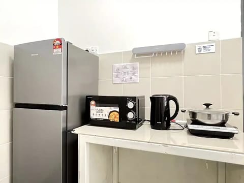 Fridge, microwave, electric kettle, highchair