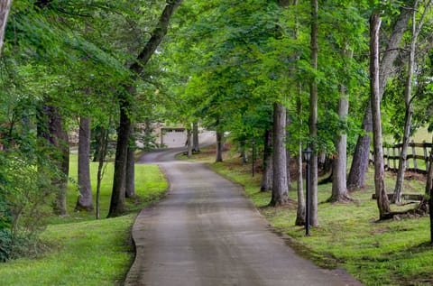 Private driveway, manicured lawns, tall oaks, and maple trees on rolling hills.