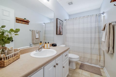 Combined shower/tub, hair dryer, bidet, towels