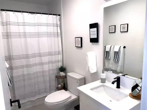 Combined shower/tub, hair dryer, towels, soap