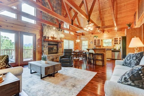 Main level living space with open Kitchen, Dining area and Fireplace