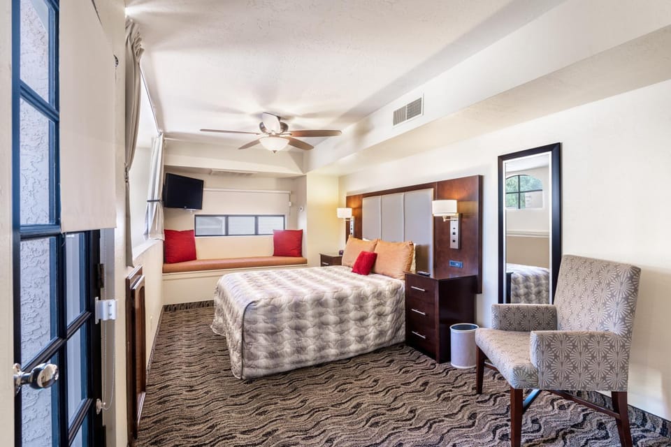 Bed, fireplace