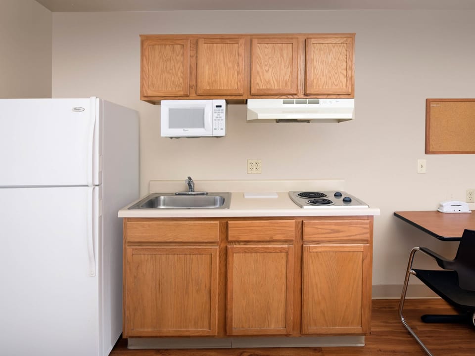 Full-size fridge, microwave, stovetop, freezer
